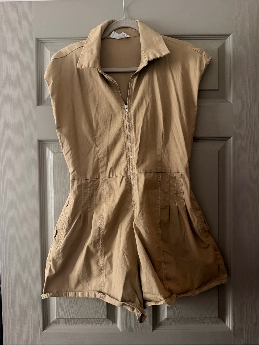Sleeveless Tan Zip-Front Utility Romper